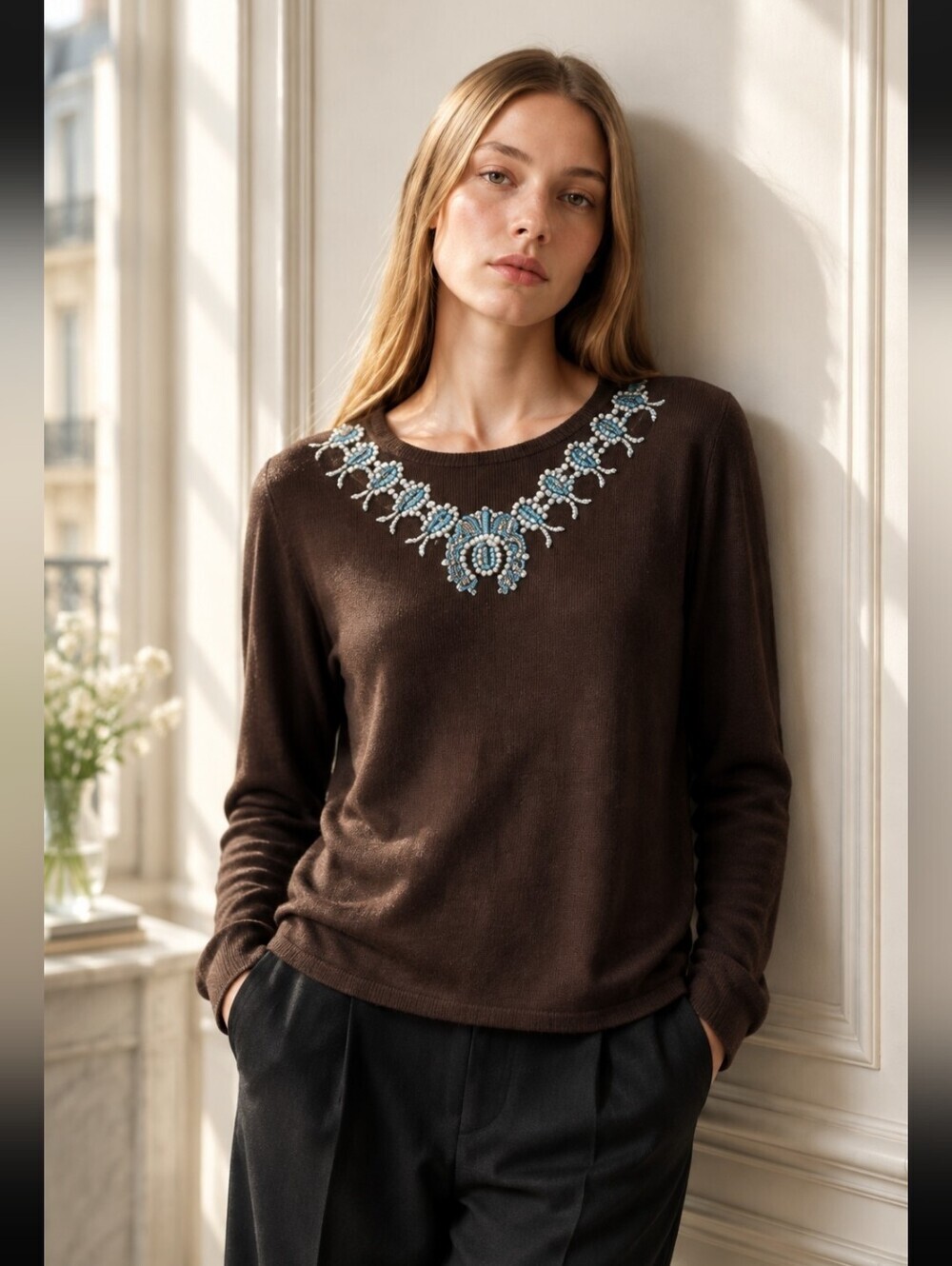 Bob Mackie Brown Long-Sleeve Top with Turquoise & White Jewel Neck
